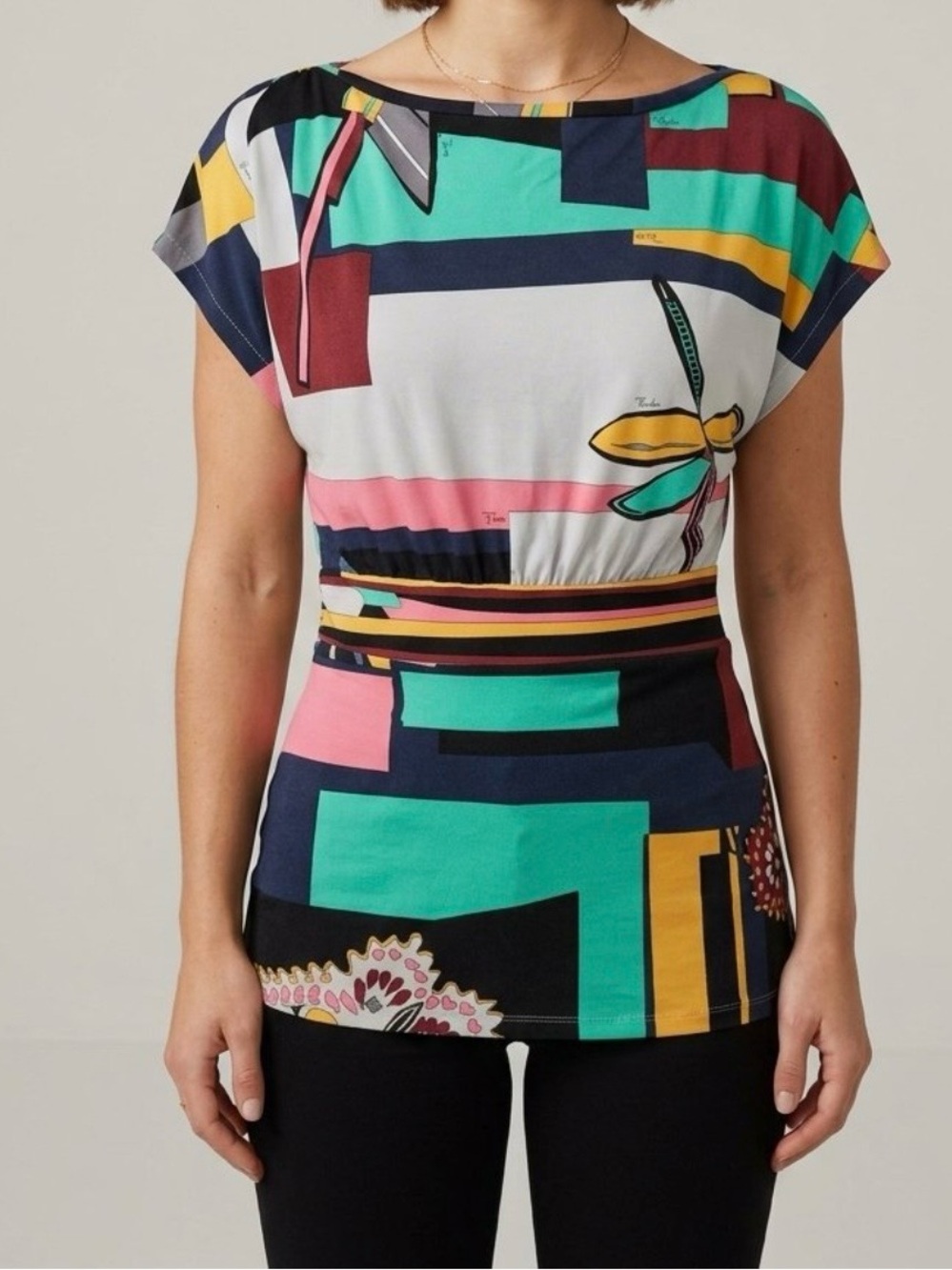 VINTAGE Emilio PUCCI Boat Neck Multi-color Waist Detail Top, Size SM, 90% Rayon